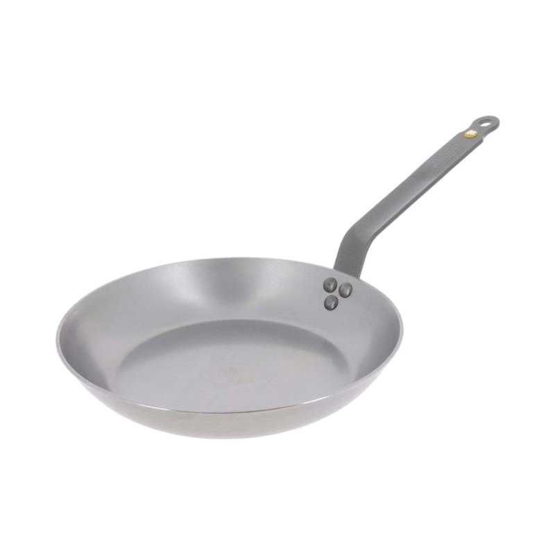 De Buyer Lyonnaise Mineral B stekpanna i kolstål, 24 cm, med robust handtag och nitat konstruktion