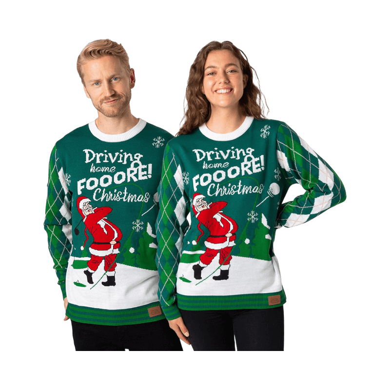 Grön jultröja med jultomte som spelar golf och texten “Driving home FOOORE Christmas”