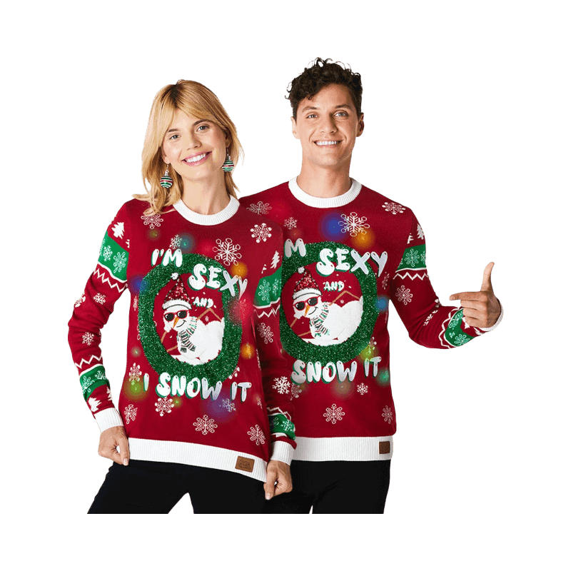 Röd LED-jultröja med texten “I’m Sexy and I Snow It” och festligt snötema
