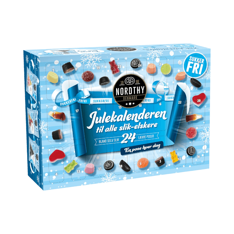 Nordthy sockerfri godiskalender med blandat godis och blå snöig förpackning