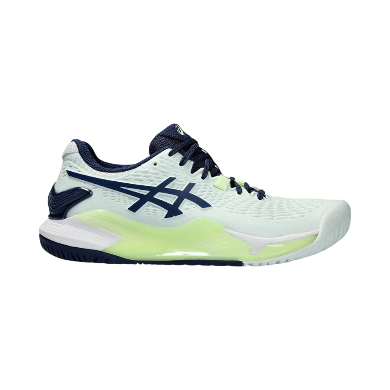 Asics Gel-Resolution 9 padelsko för damer i ljus design med blå detaljer och grön sula