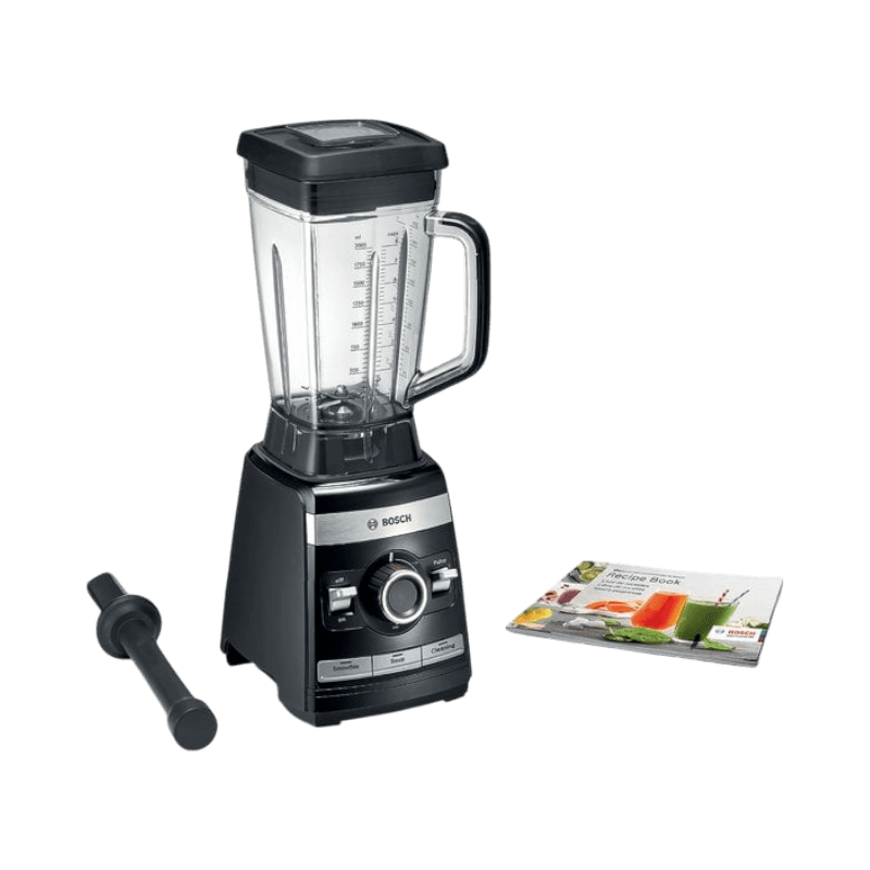 Bosch höghastighetsblender, 1600 watt, i svart design med tillbehör och receptbok