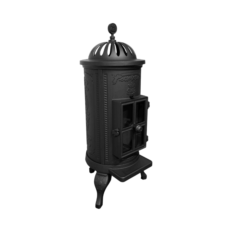Svart eldriven kamin i klassisk design med dekorativa detaljer och glasdörr.