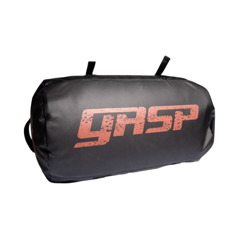 Svart duffelbag från GASP med röd logotyp, rymlig träningsväska med flera handtag