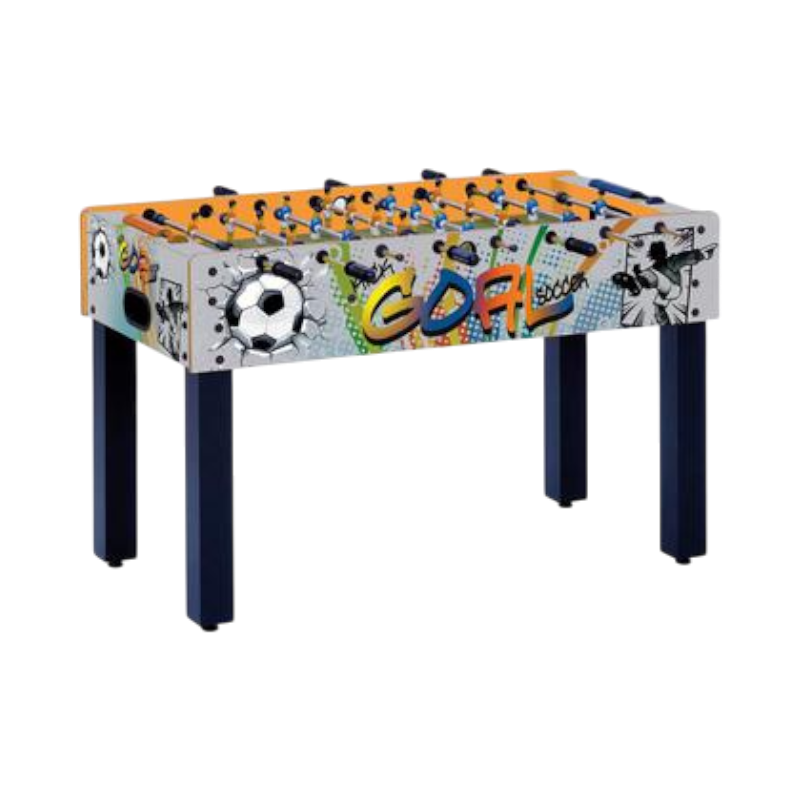 Färgglatt fotbollsspel Garlando F1 Goal med målmotiv och robusta ben, perfekt för barn och ungdomar.