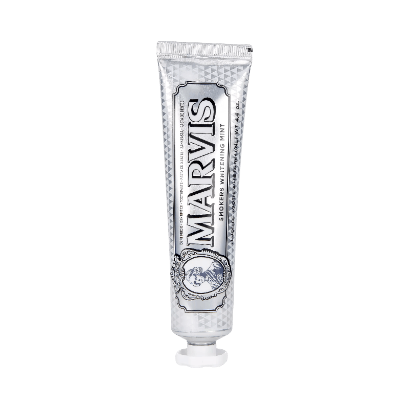 Marvis tandkräm för rökare med whitening-effekt och smak av mint i silverfärgad tub, 85 ml.