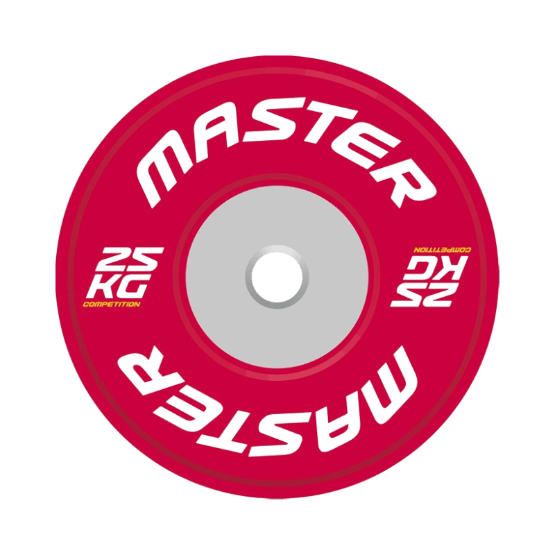 Röd 25 kg bumper plate i tävlingsmodell från Master Fitness – färgkodad för styrketävlingar