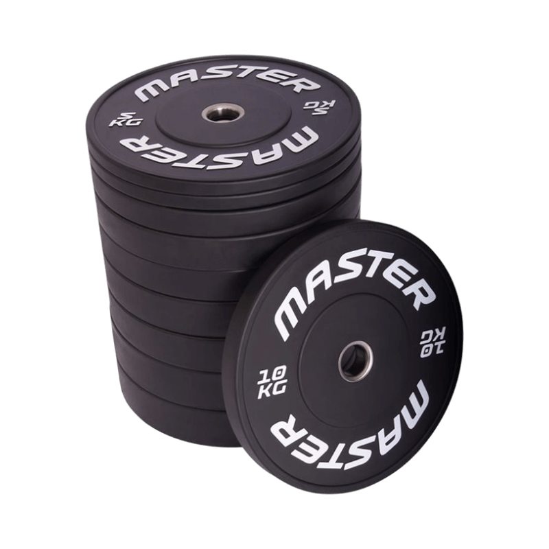 Viktpaket med 10 kg bumper plates från Master Fitness – slitstarka för tuff gymanvändning