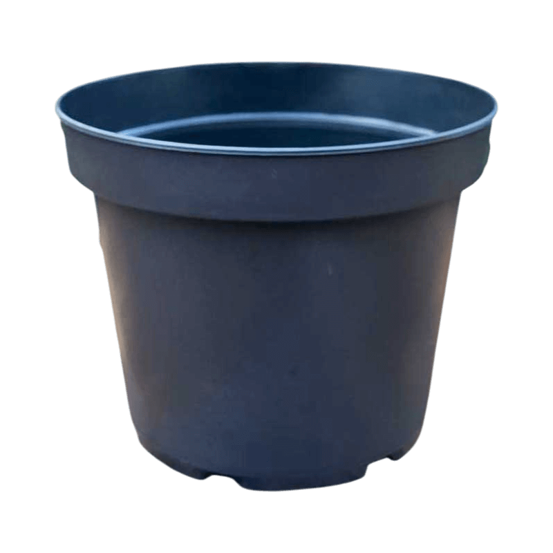 Rund plastkruka på 7,5 liter med dräneringshål i botten, perfekt för större växter och planteringar.