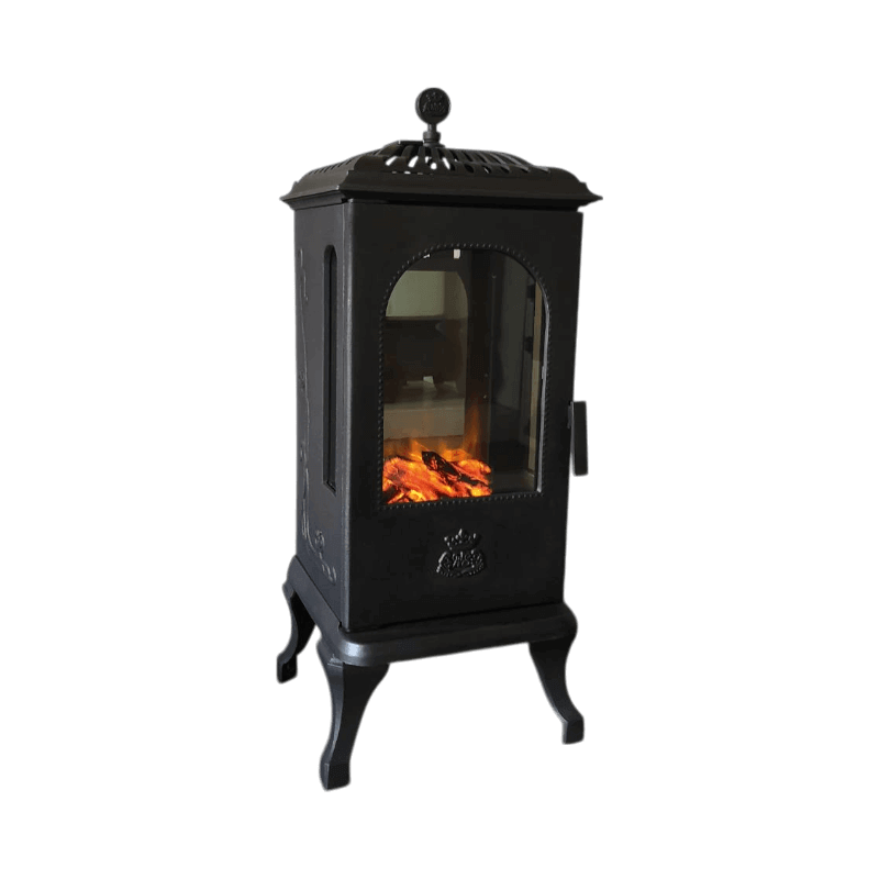 Victoria 100 eldriven kamin i svart design med dekorativa fötter och realistisk eld.