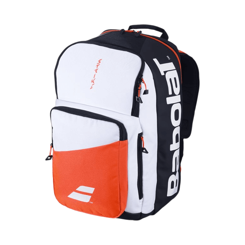 Ryggsäck för tennis från Babolat Pure Strike 2024, stilren design med vit, svart och röd färgkombination.