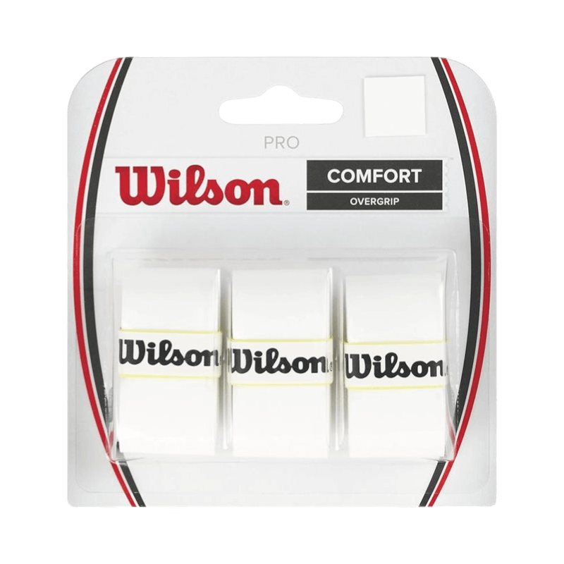 Wilson Pro Overgrip 3-pack vita grepplindor för tennis, designade för komfort och effektivt svettupptag.