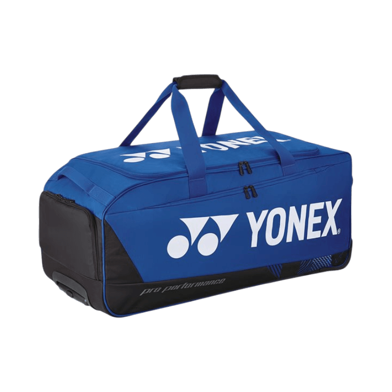 Blå Yonex Pro Trolley tennisväska med hjul och stort packutrymme, idealisk för resande spelare.