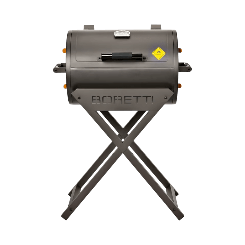 Modern Boretti Fratello kolgrill med fällbara ben och termometer – perfekt för grillning på språng.