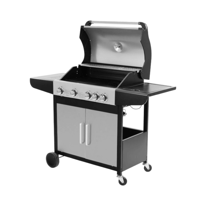 Gasolgrill med fyra brännare och öppet lock, utformad för flexibel grillning och enkel åtkomst.