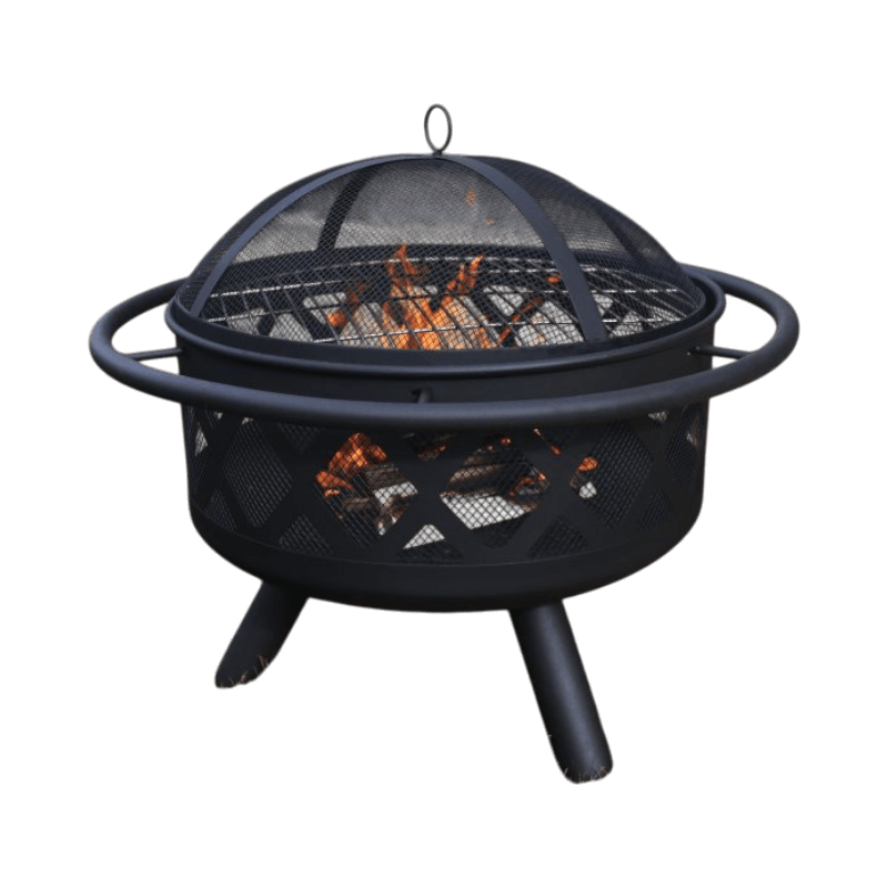 Rund eldkorg i svart stål med gnistskydd och grillgaller, idealisk för trädgården.