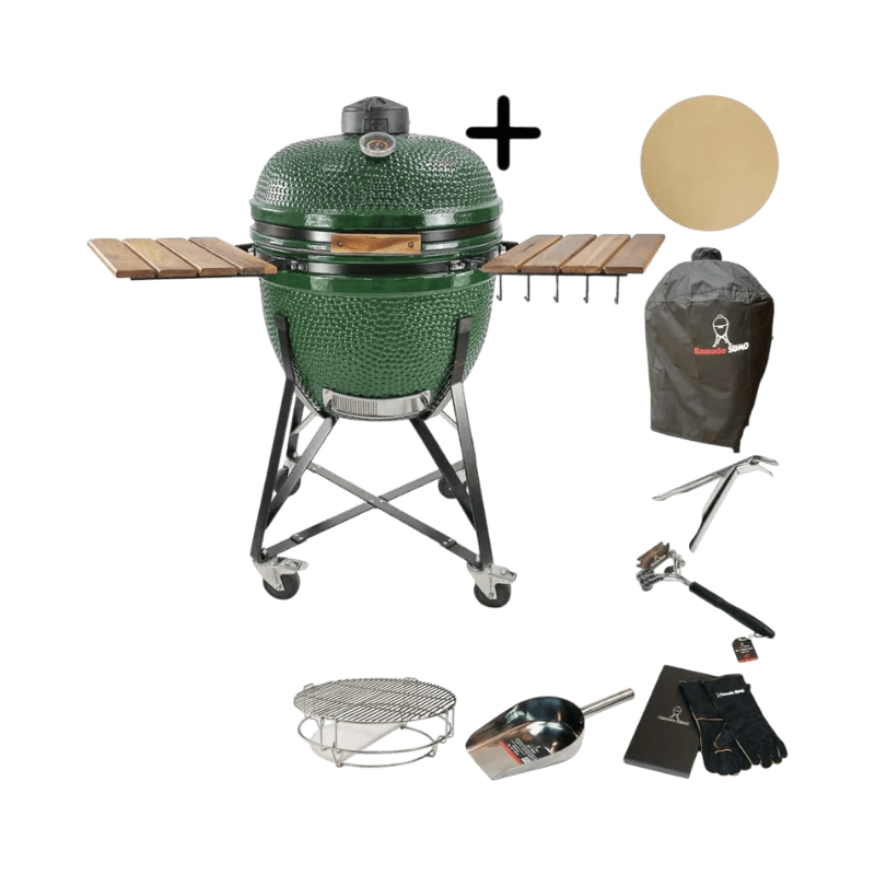 Grön Kamado Sumo grill med keramisk kropp och full uppsättning tillbehör för allsidig grillning.