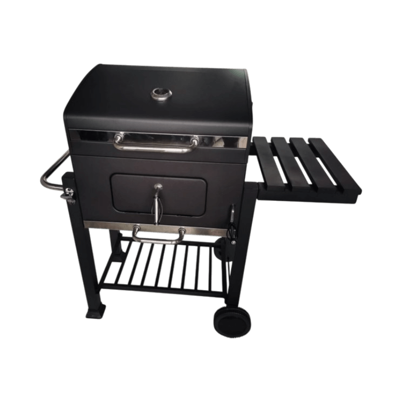 Kolgrill med justerbar kolbädd, lock med termometer och sidohylla för praktisk matlagning.