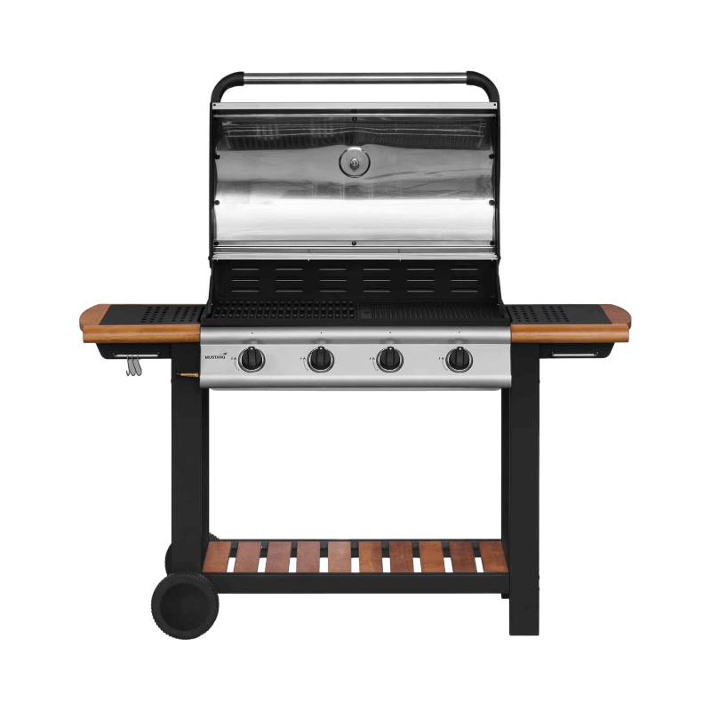 Stilren gasolgrill med fyra brännare och trädetaljer, kombinerar design och funktionalitet.