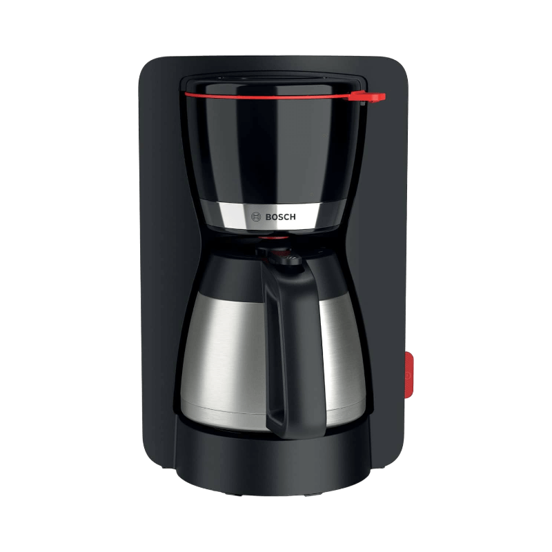 Bosch kaffebryggare i svart med termoskanna i rostfritt stål för varm kaffebryggning.
