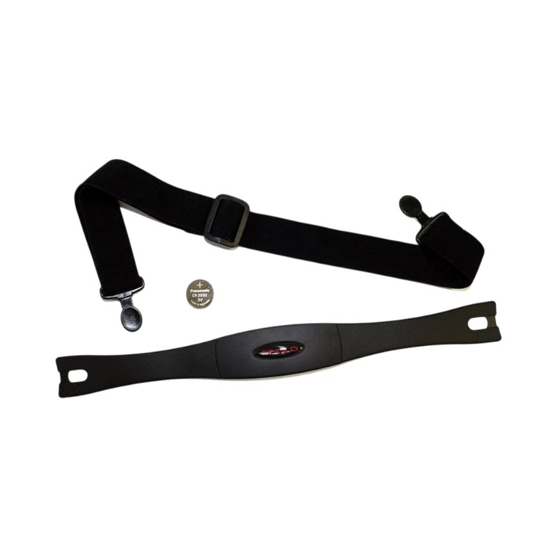 Finnlo pulsband med elastisk rem och batteri – kompatibelt med flera träningsmaskiner och system.