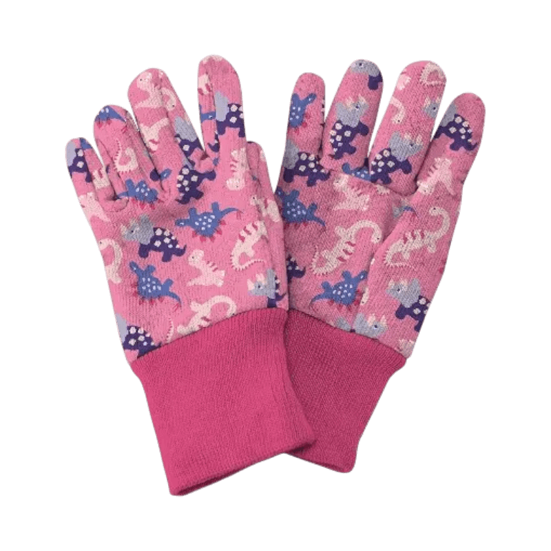 Rosa barnhandskar med dinosauriemönster från Kent & Stowe – mjuka, bekväma och roliga.