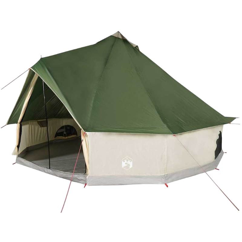 Grönt tipi-tält för 12 personer med ståhöjd och generöst innermått för bekväm camping.