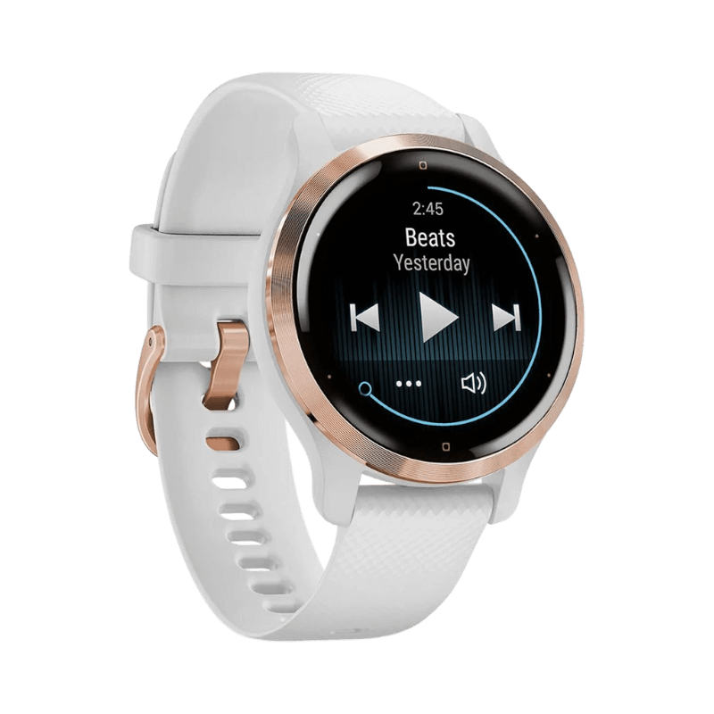 Garmin Venu 2S i vitt med roséguldsdetaljer och musikuppspelning på skärmen.