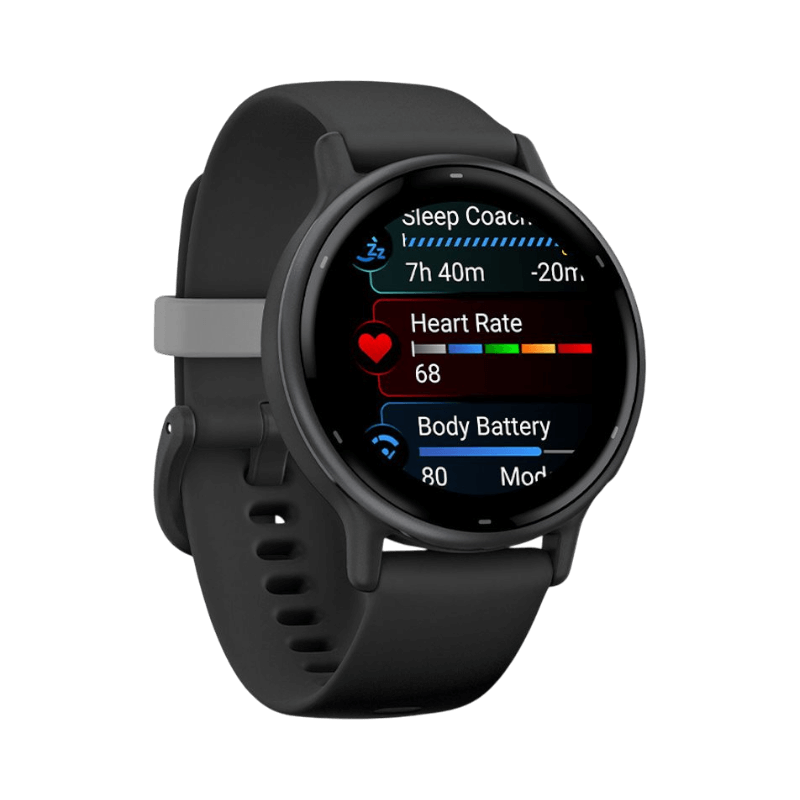 Garmin Vívoactive 5 i svart med sömncoach, puls och kroppsbatteri på färgdisplay.