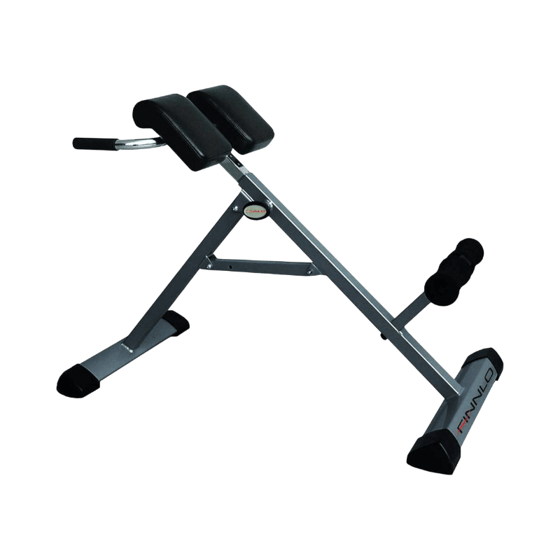 Ryggbänk från Finnlo med V-formad konstruktion, anpassad för effektiv ryggträning hemma eller på gym.