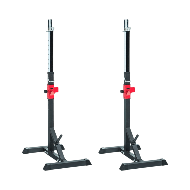 Ställbar skivstångsställning för presses och squats med stabil konstruktion och justerbara höjder.