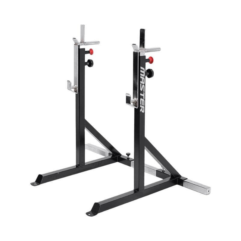 Stabil skivstångsställning med justerbara krokar och bred ram för styrketräning.
