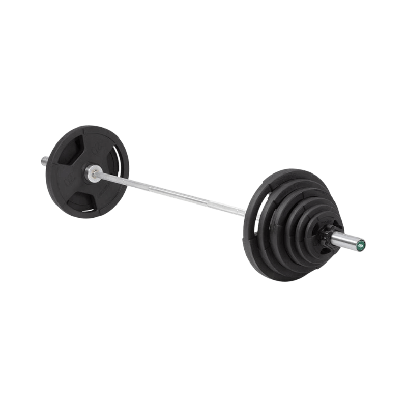 Skivstångsset med gummerade viktskivor, perfekt för tunga lyft och gymträning.