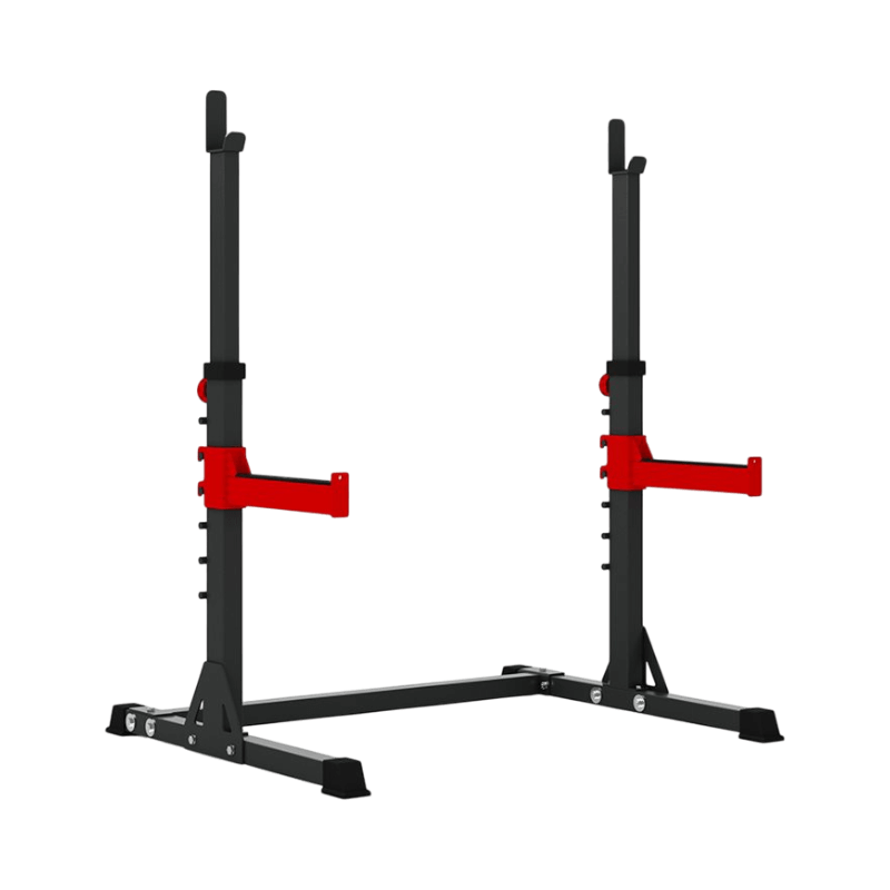 Justerbar squat- och bänkpressställning med kraftiga säkerhetsarmar för tunga lyft.