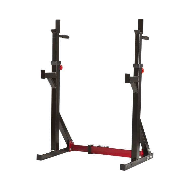 Multifunktionellt squat rack med dip-handtag och justerbar höjd för styrketräning.