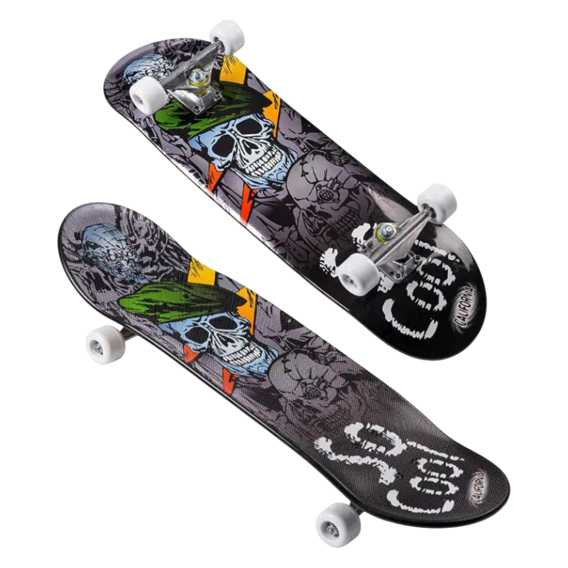 California Stunt 7.87 skateboard med färgglatt döskallemotiv och vita hjul