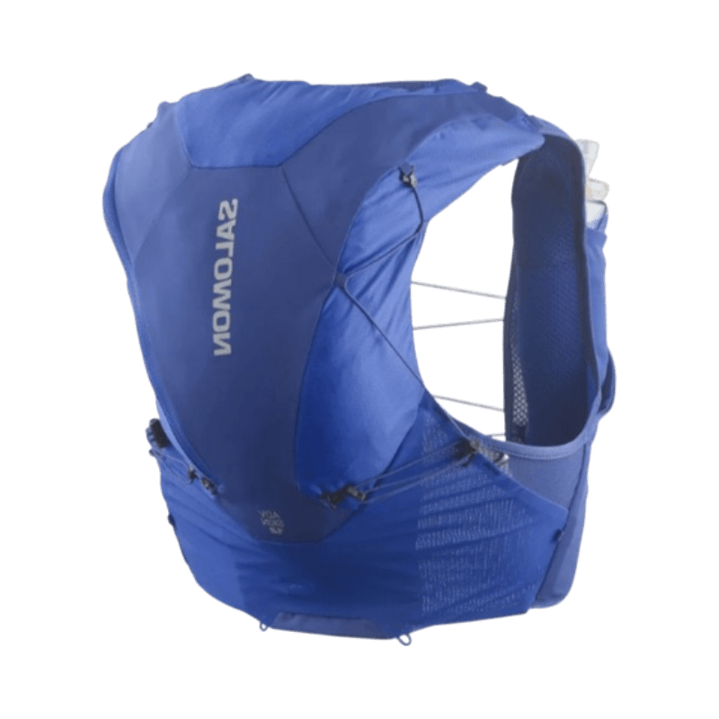 Salomon Adv Skin 12 vätskeryggsäck i blått med elastiska sidopaneler och ergonomisk passform för traillöpning.
