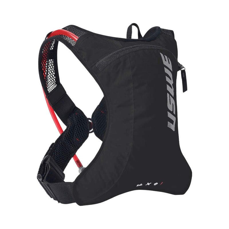 Kompakt svart USWE Race 2.0 vätskeryggsäck med slangsystem, justerbar passform och låg vikt.